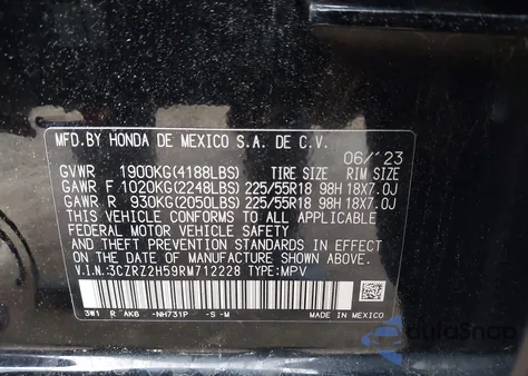 2024 Honda Hr-V Awd Sport/Awd Sport W/O Bsi from USA, damaged, VIN 3CZRZ2H59RM712228